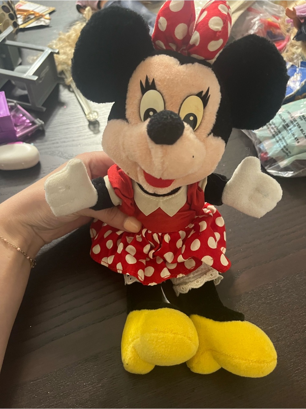 Disney Minnie Mouse Plush in Red Polka Dot Dress with Yellow Shoes
